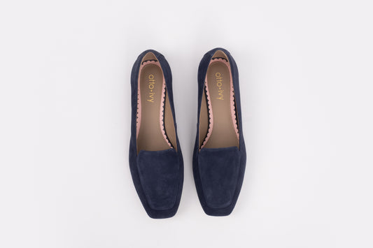 Aerial shot of womens navy suede shoes available in alrger sizes 42-46 standard and wide fit