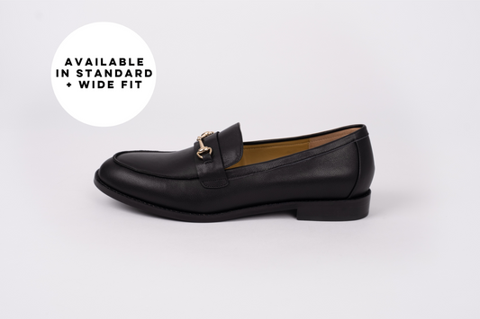 Side profile of betsy loafer in black leather available in large sizes 42-46