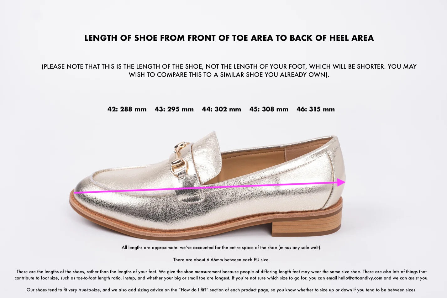 Length diagram of Betsy Loafers, shoes for wall women with large feet. Available in sizes 8-12