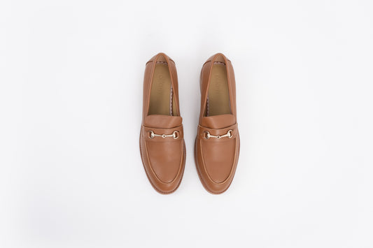 Aerial shot of womens tan leather flat shoe available in sizes 8-12, standard and wide fit