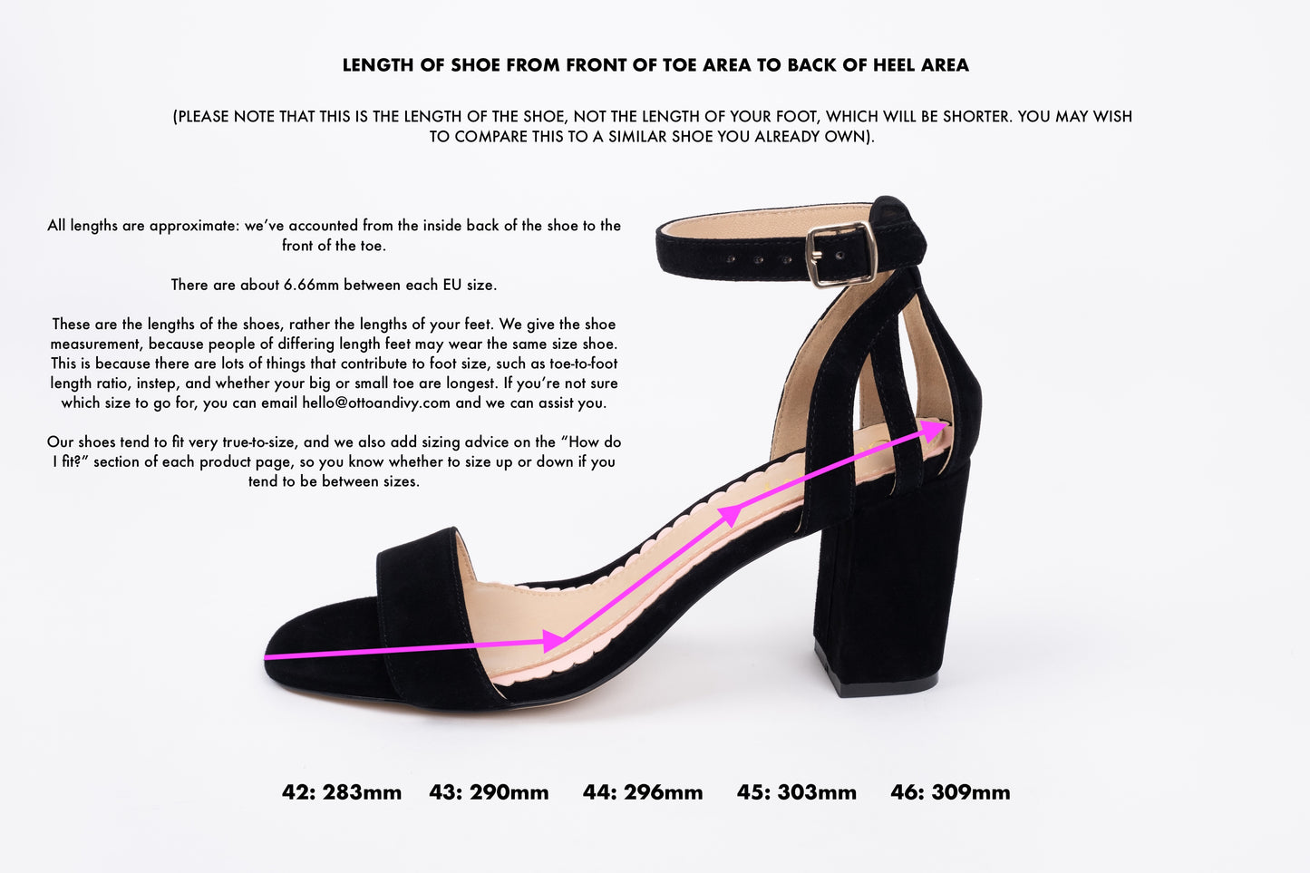 Length diagram displaying lengths of leader sized women shoes 42-46