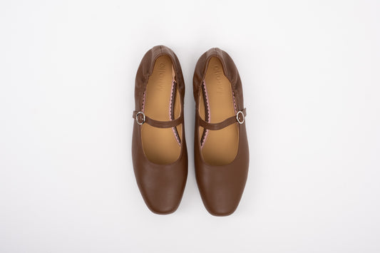 Aerial shot of womens chocolate brown leather Mary Jane one strap flat shoe in large sizes 8-12