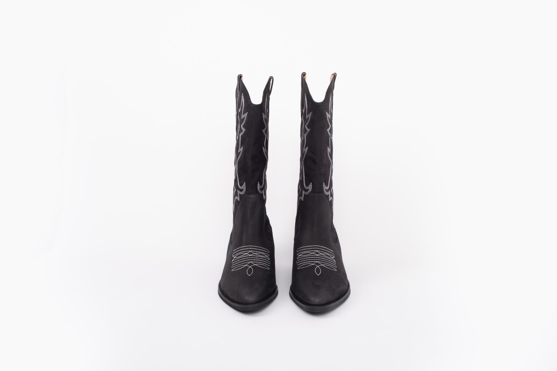 Front shot of womens black leather cowboy boot, available in larger sizes 8-12