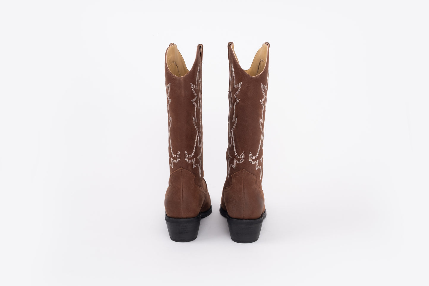 back shot of brown leather womens cowboy boot available in larger sizes 8 9 10 11 12
