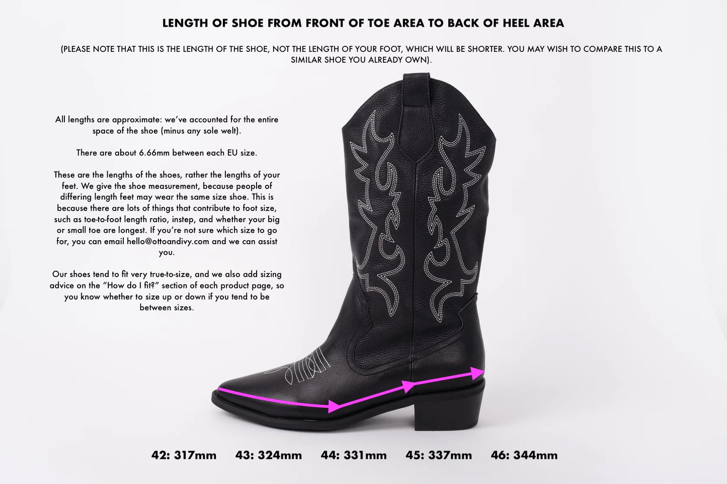 Length diagram displaying sizes of black cowboy boots in sizes 42 43 44 45 46