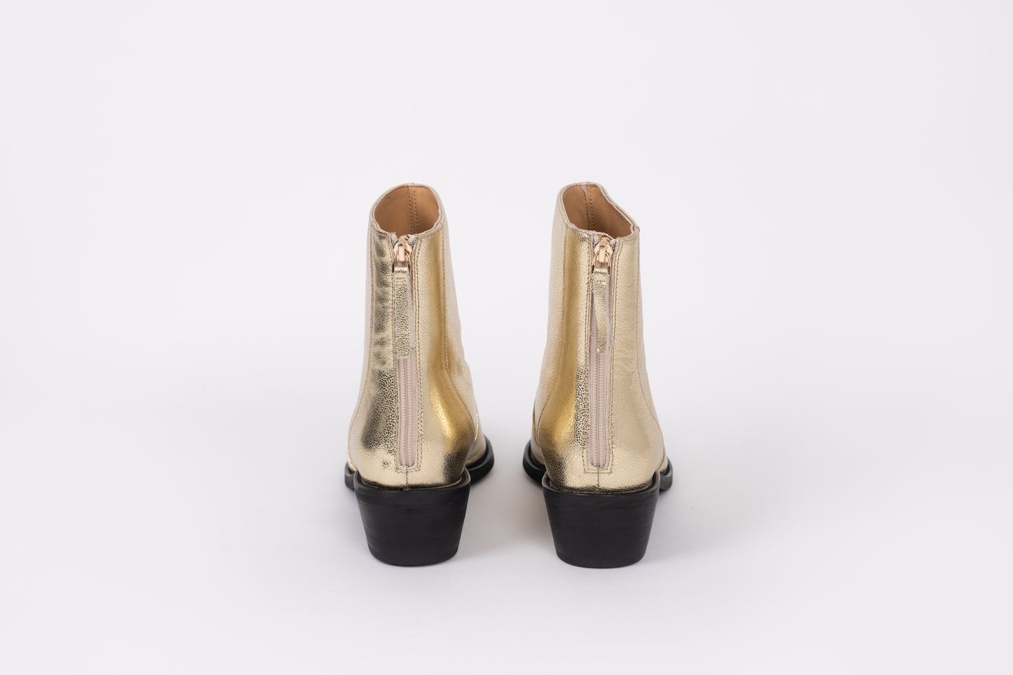 Back view of Phoebe boots in gold displaying zip. Womens footwear available in larger sizes 42-46