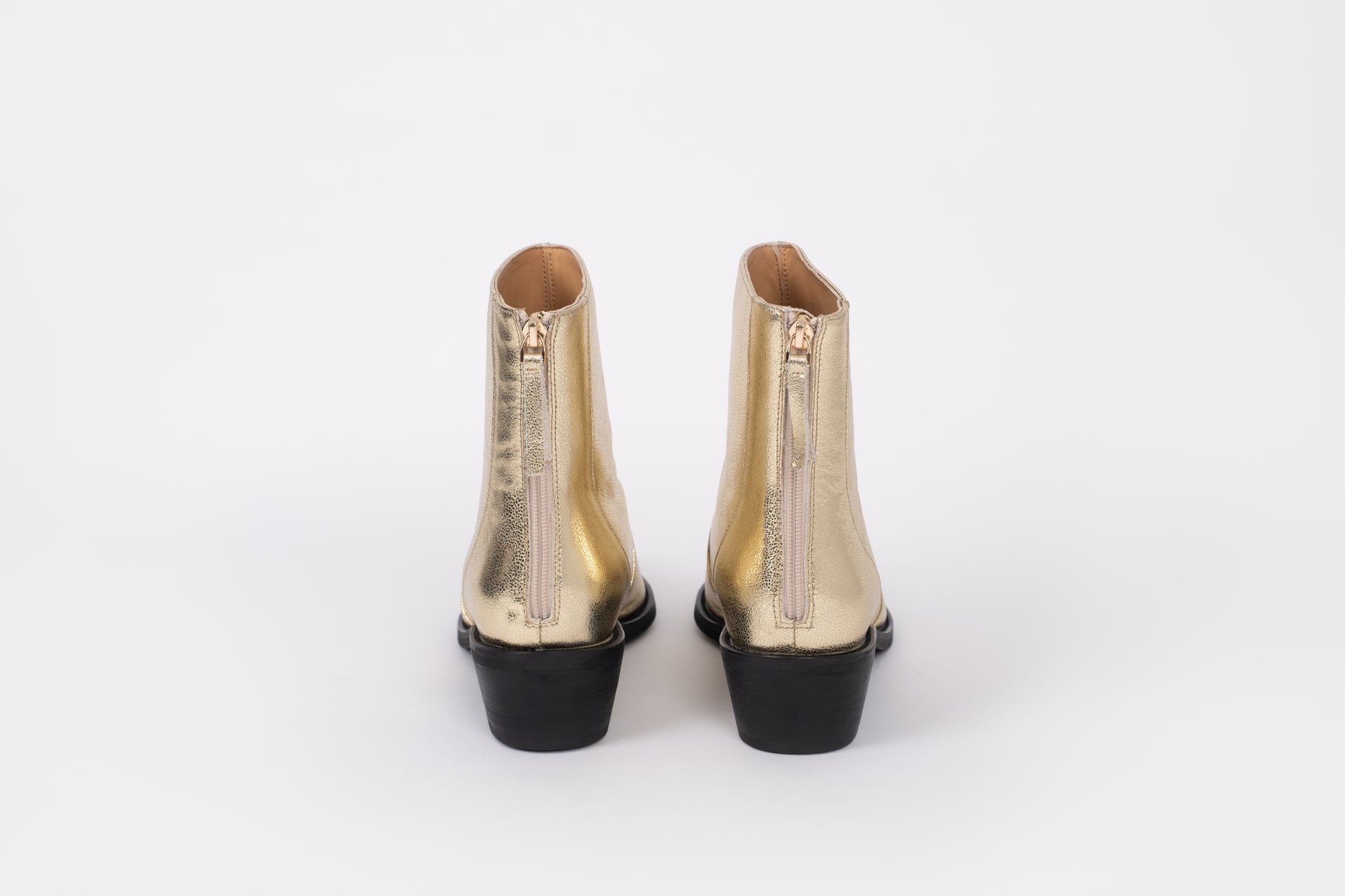 Back view of Phoebe boots in gold displaying zip. Womens footwear available in larger sizes 42-46