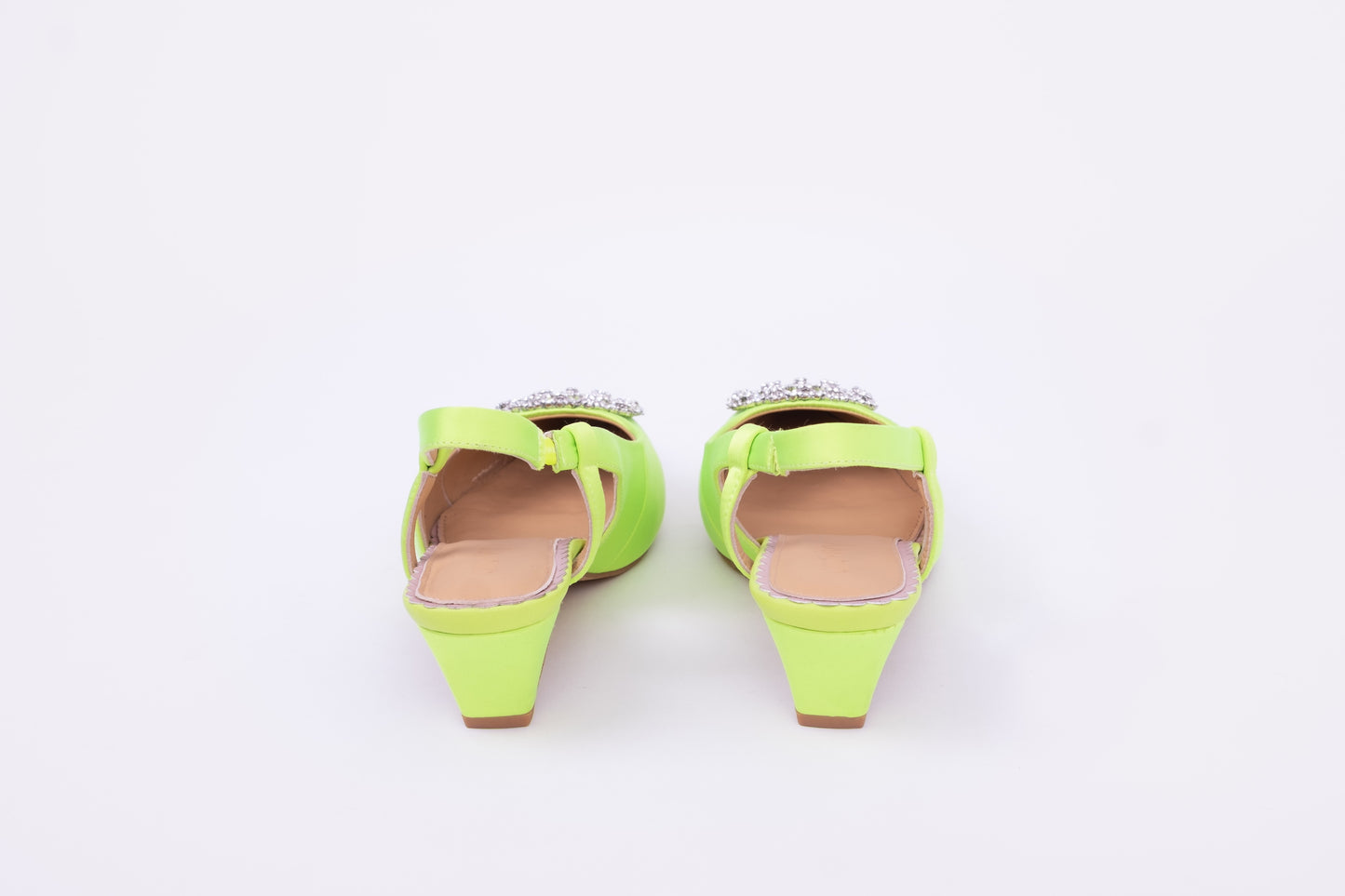 Back view of Aceia sling back heel in lime green. Available in UK sizes 42-46