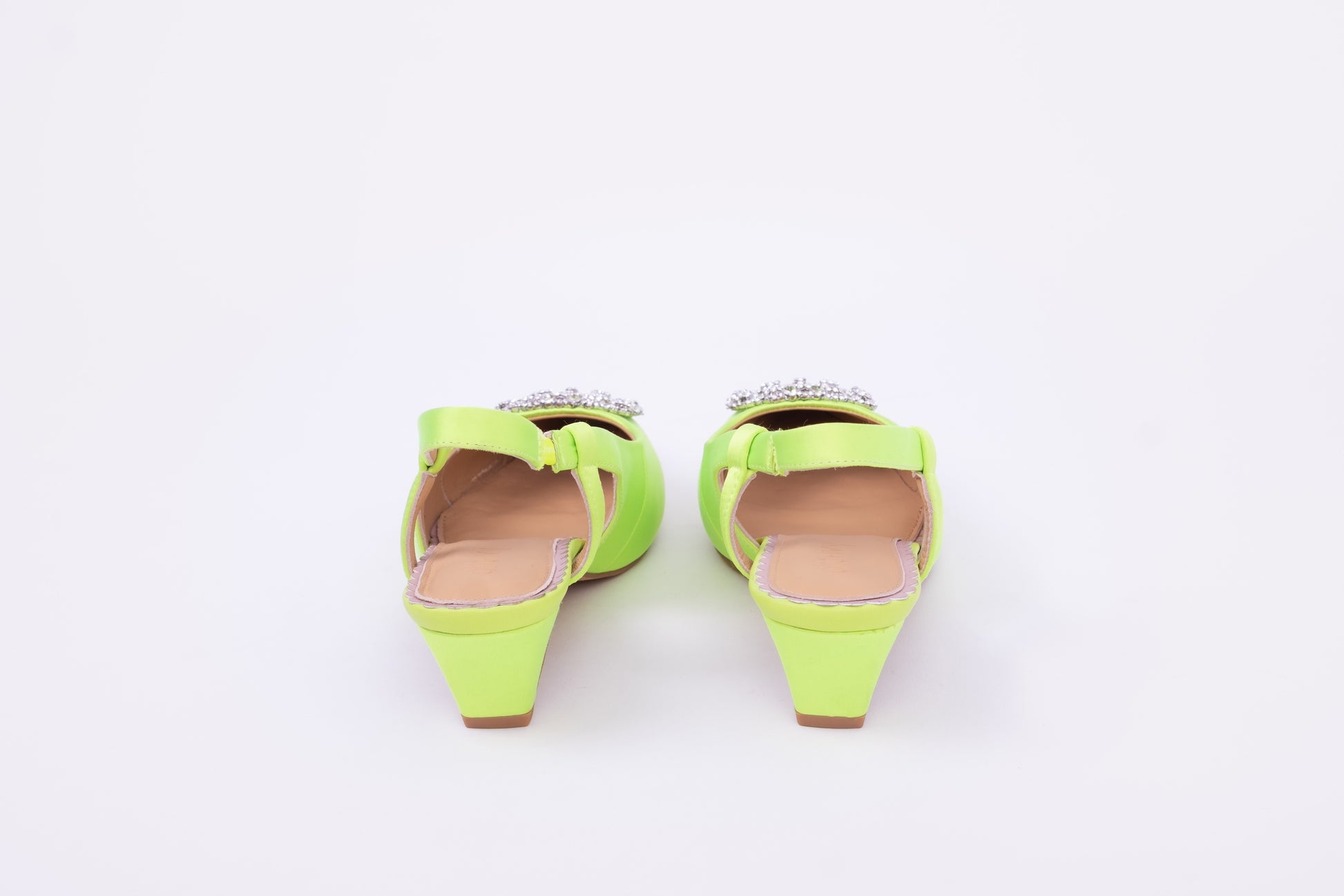 Back view of Aceia sling back heel in lime green. Available in UK sizes 42-46