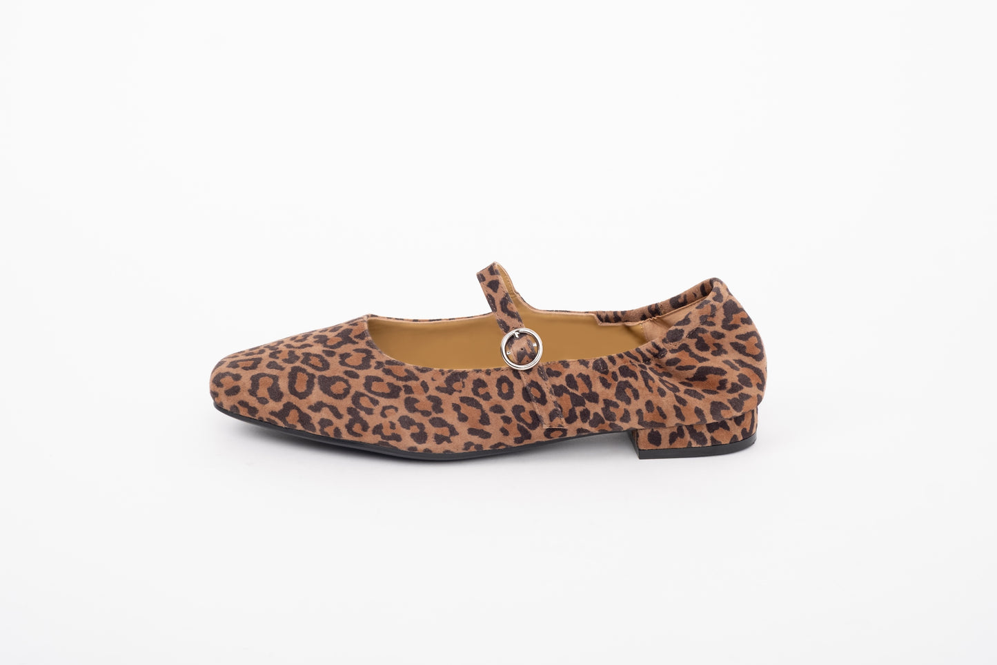 Side shot of leopard print one strap Mary Jane shoe in larger womens sizes 8-12
