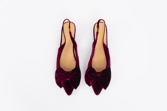 Aerial shot of womens berry velvet bow slingback kitten heeled shoes available in UK sizes 8 9 10 11 12
