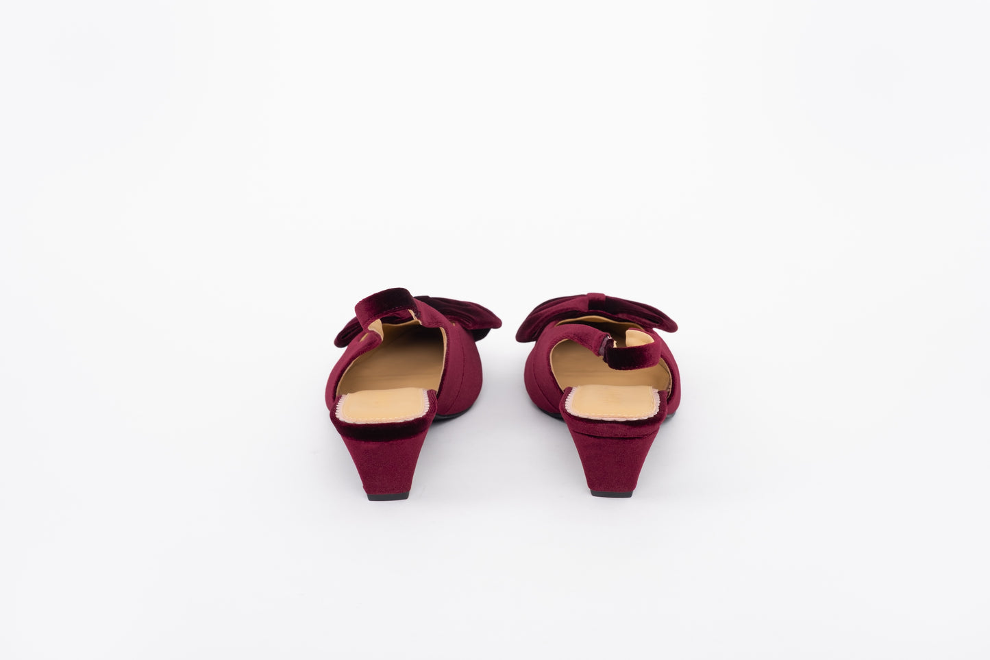 Back shot of womens kitten heeled berry velvet bow slingback available in larger sizes 42-46