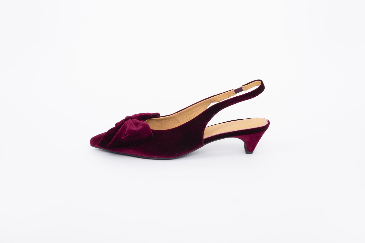 Side shot of womens berry velvet slingback bow kitten heeled shoe in larger sizes 8 9 10 11 12