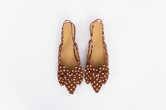 Aerial shot of womens bow slingback kitten heels in brown polkadot in larger sizes 42-46