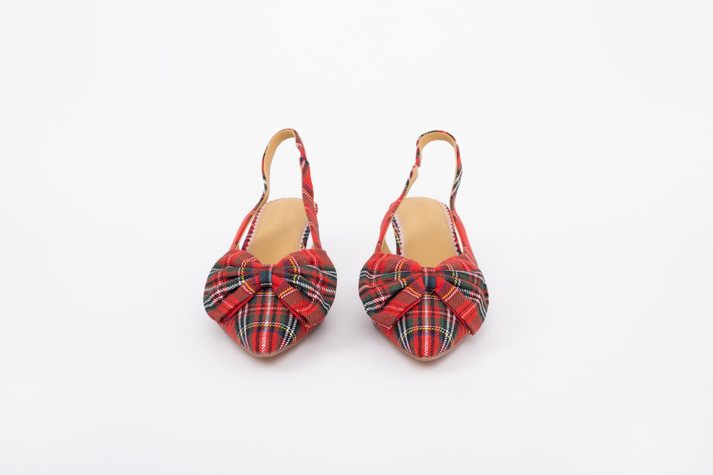 Front shot of womens tartan bow flat heeled slingback shoe in large sizes 8-12