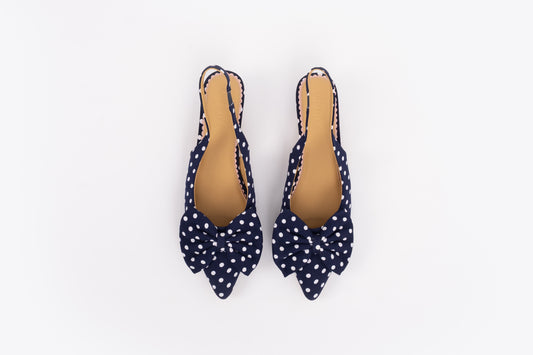 Aerial shot of womens navy polka dot bow slingback kitten teen in larger sizes 8-12