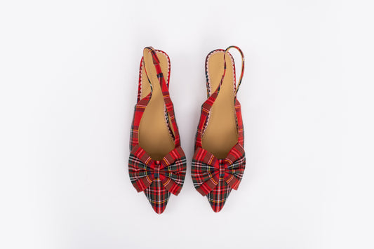 Aerial shot of womens bow pump in tartan, in larger European sizes 42 43 44 45 46