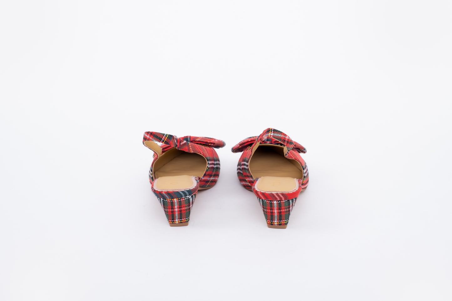 Back shot of tartan kitten heeled bow slingback shoe in larger womens sizes 8-12