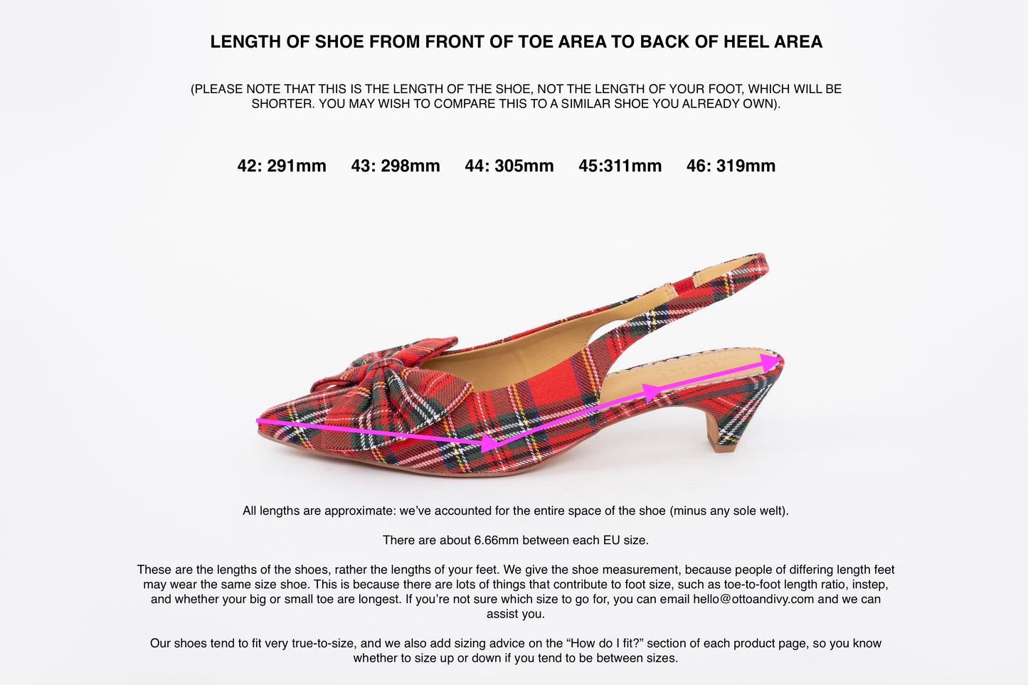 Side shot of womens tartan bow slingback kitten heel displaying lengths of sizes 42 43 44 45 46