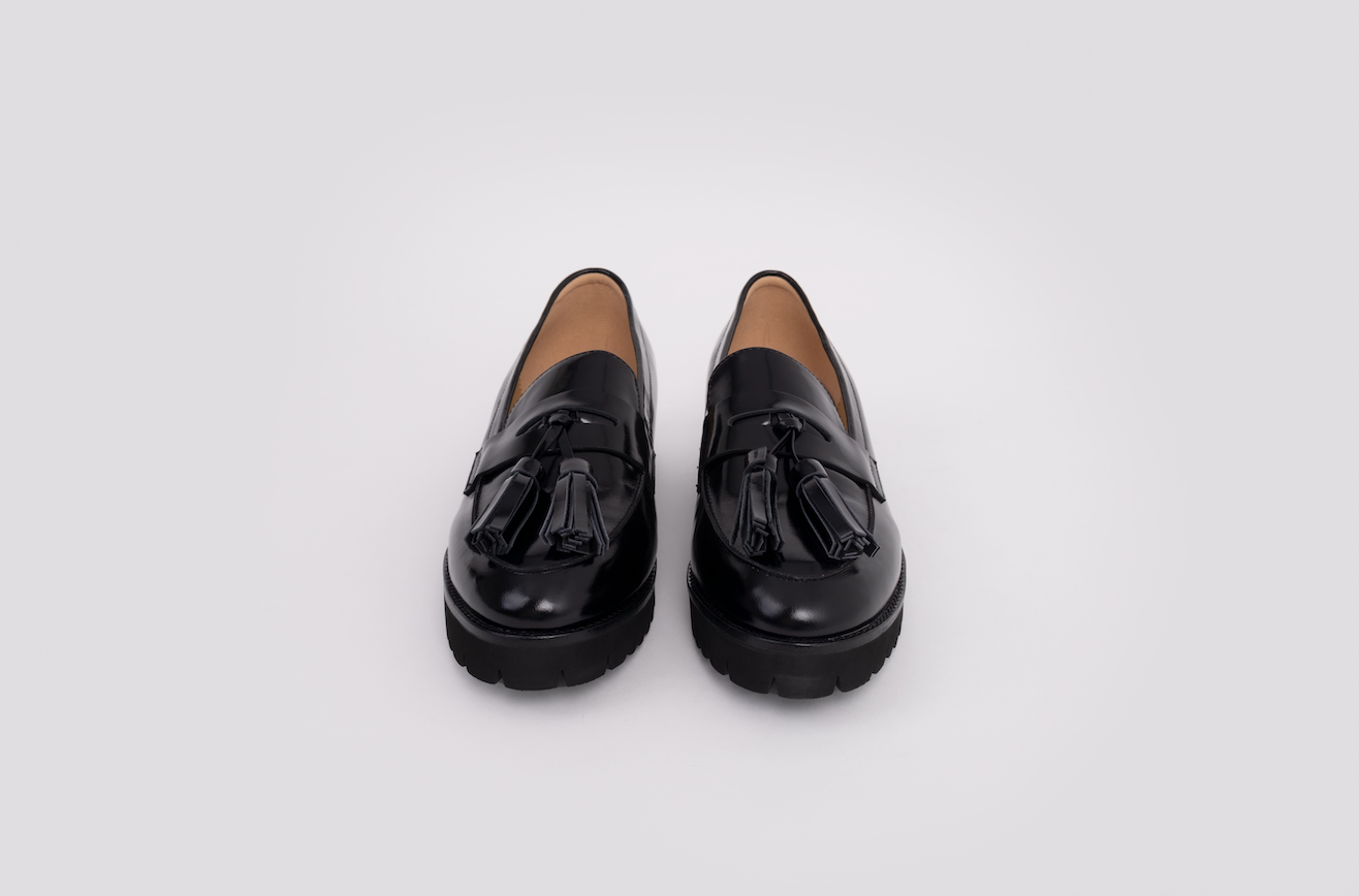 front view of black leather large sized womens shoes in standard and wide fit size 8-12