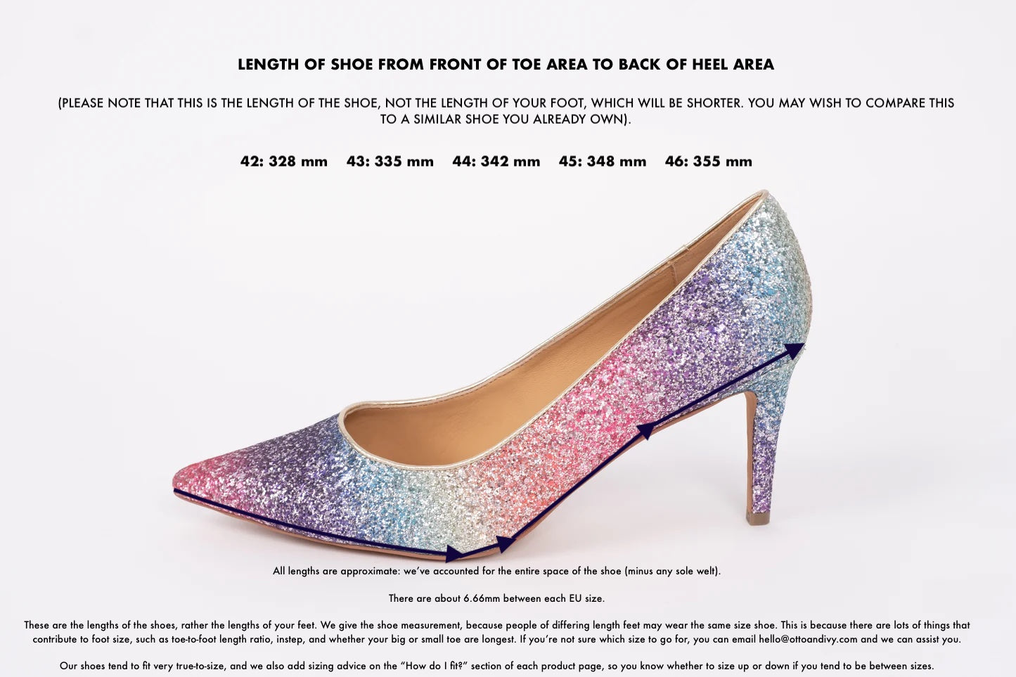 Length diagram displaying measurements of womens court shoe in eruopean sizes 42-46