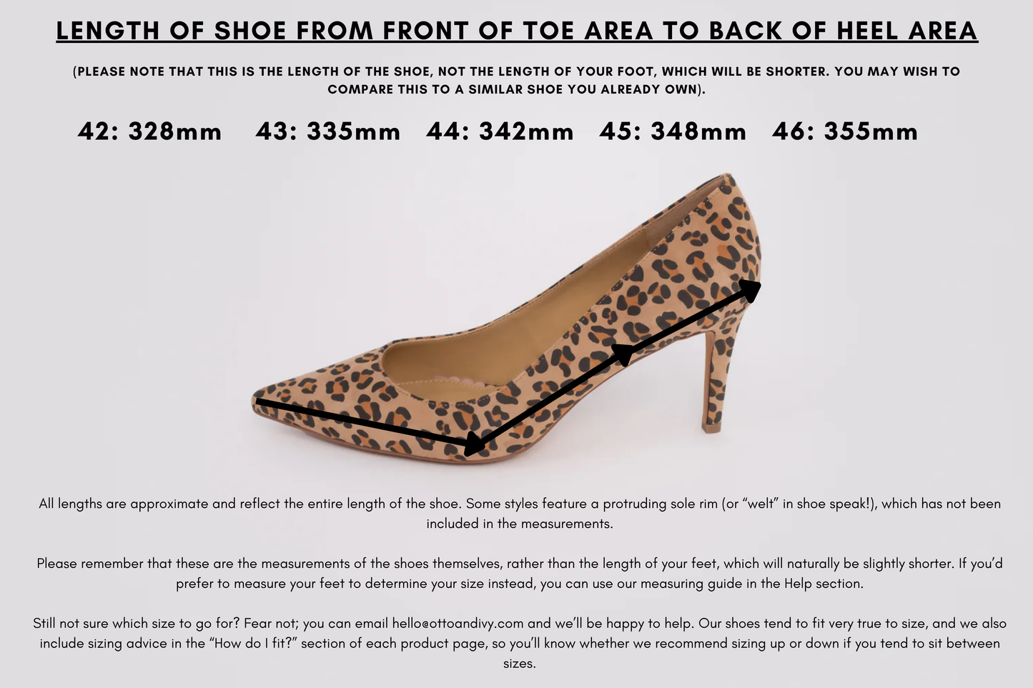 Measurement diagram displaying lengths of womens large size shoes in sizes 42,43,44,45 and 46.
