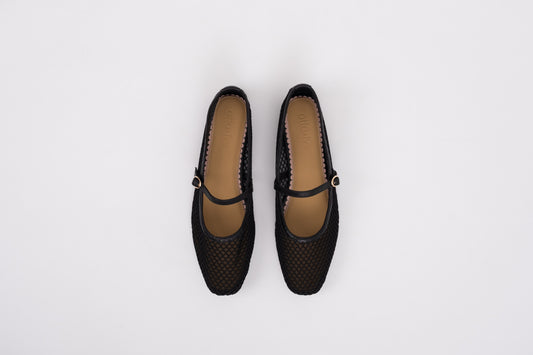 Aerial shot of black womens mesh flat womens Mary Jane shoe in large sizes 42-46