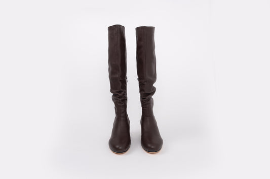 front shot of womens brown leather knee high heeled boots available in larger sizes 42 43 44 45 46