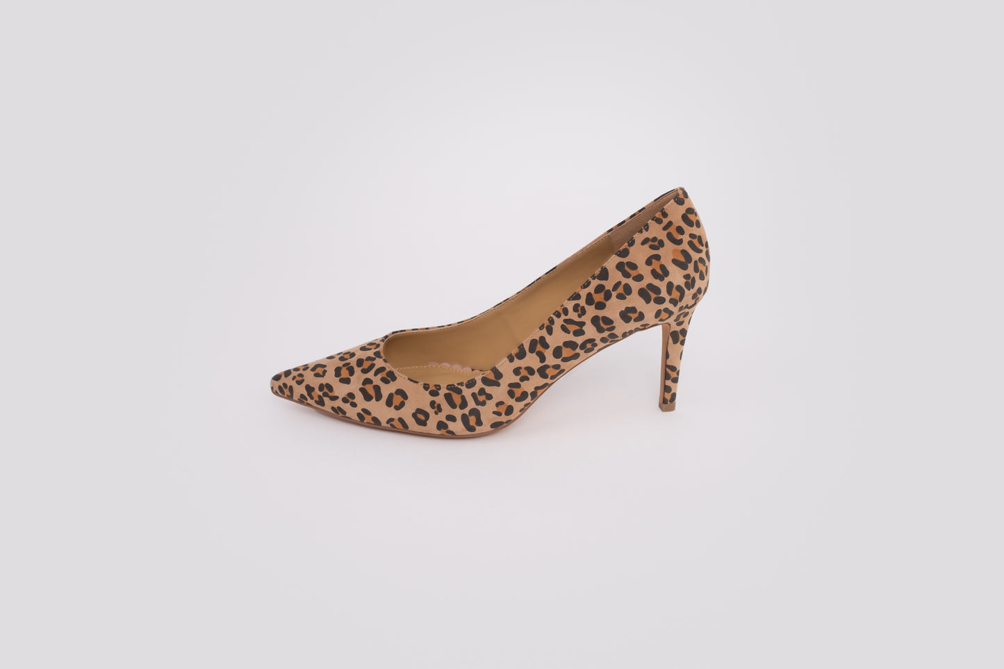 Side profile of Emmie Leopard, a womens stiletto court shoe available in larger sizes 42-46