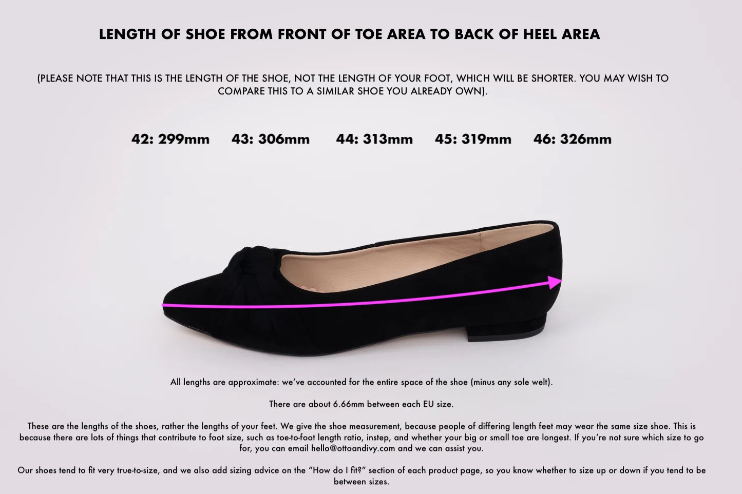 Measurement diagram displaying sizes of Fifi flat, a womens shoe available in a larger UK sizes 8-12
