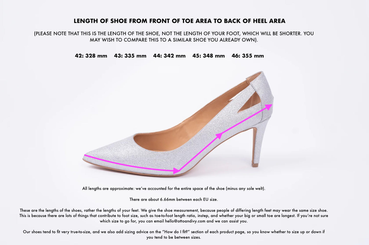 Length diagram displaying measurements of large sizes womens shoe 42-46
