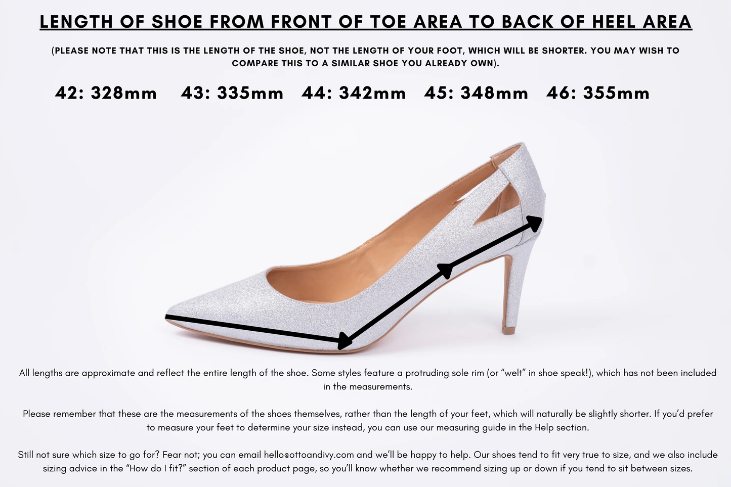 Measurement diagram displaying lengths of womens large size shoes in sizes 42,43,44,45 and 46.