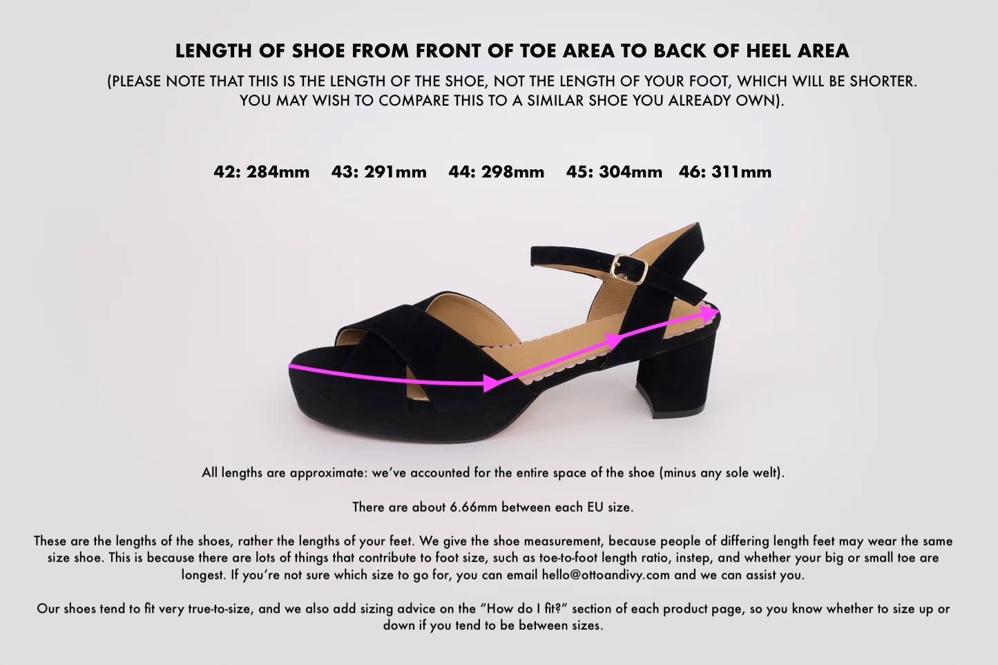 Size diagram displaying lengths of Frankie Sandal, a womens block heel. Available in sizes 42-46