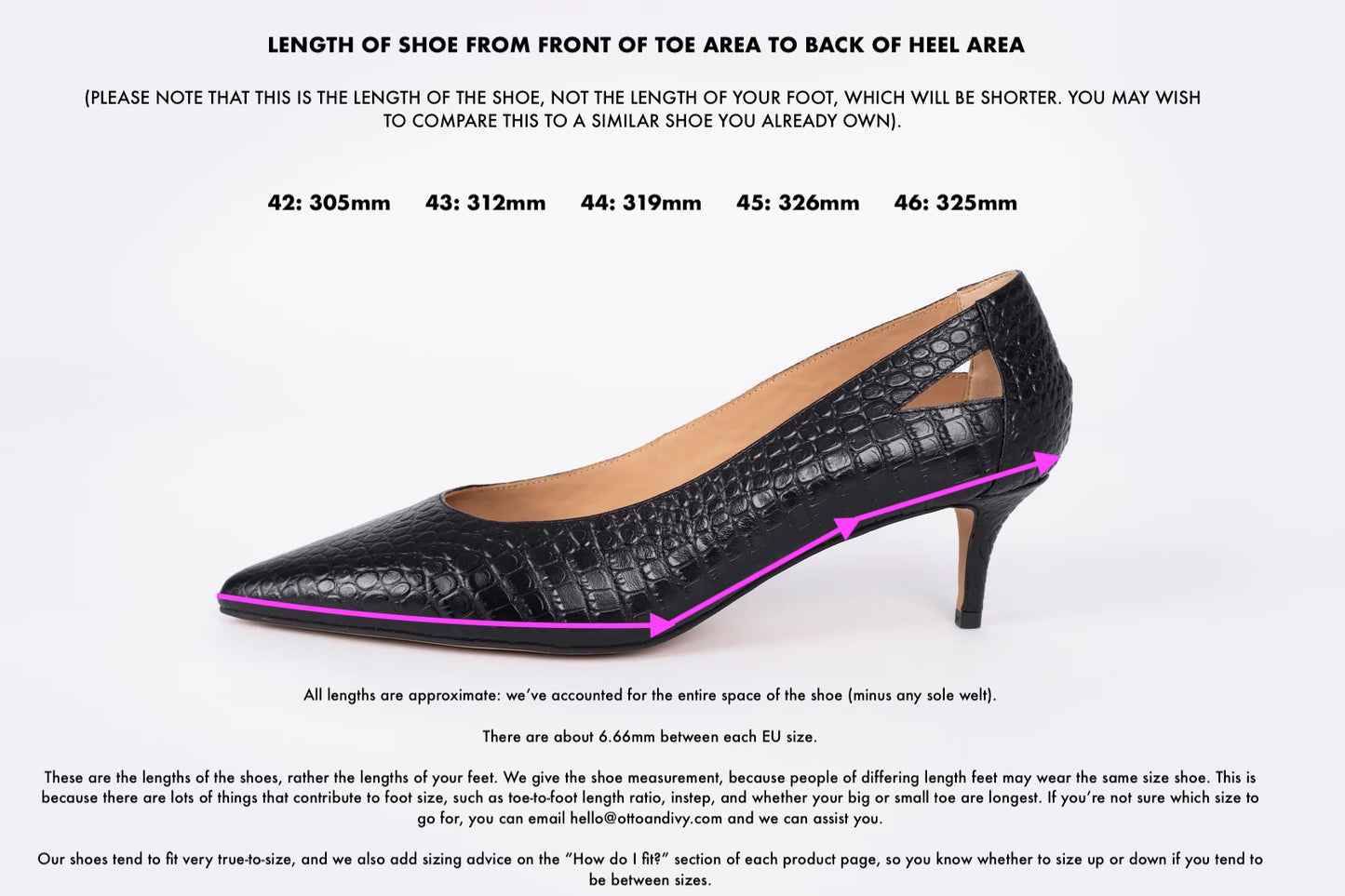 Measurement diagram displaying European sizes lengths of large womens shoes in size 42 43 44 45 46