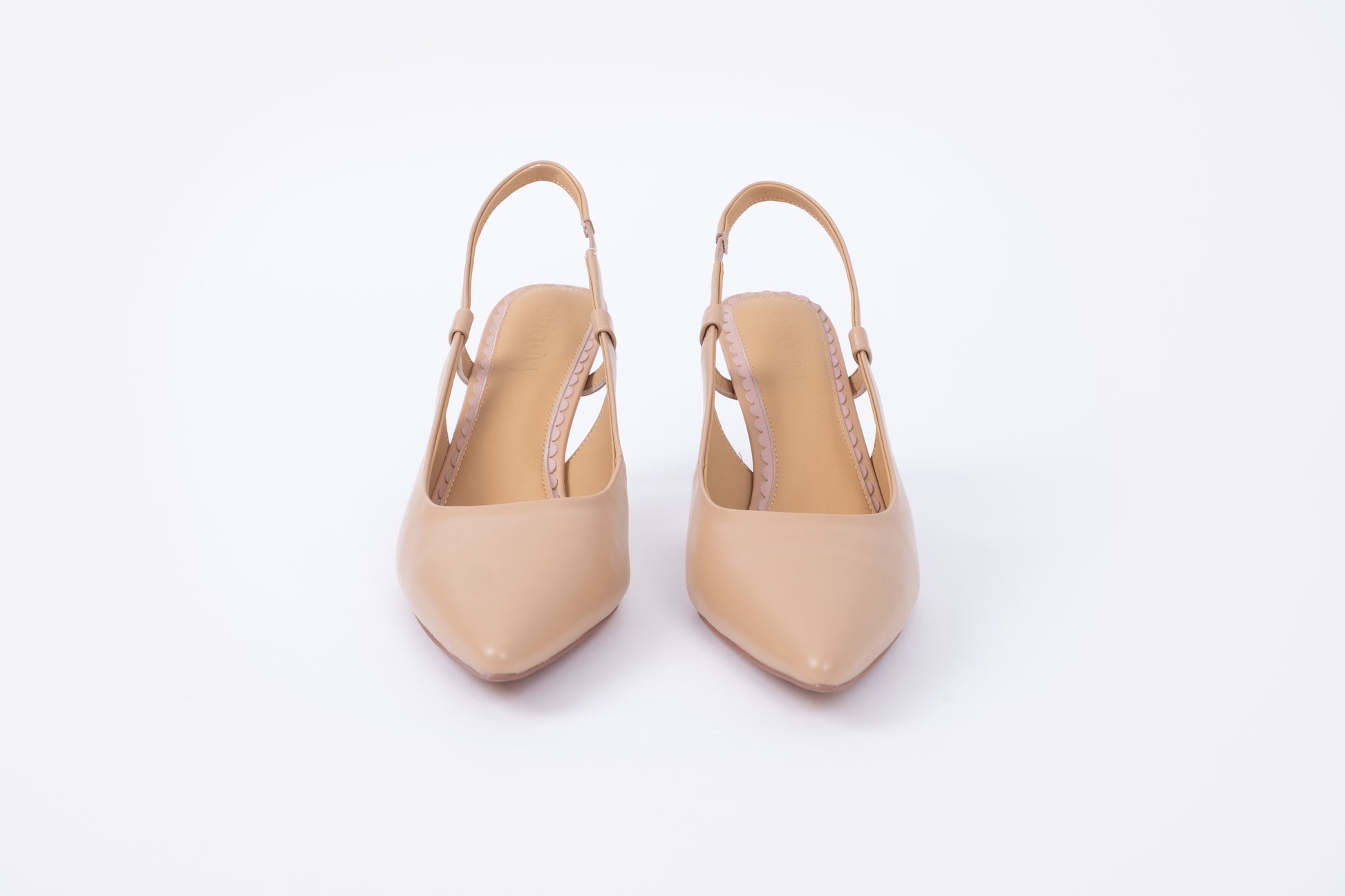 Front veiw of Myah Slingbacks in beige. Womens formal footwear available in larger sizes 42-46
