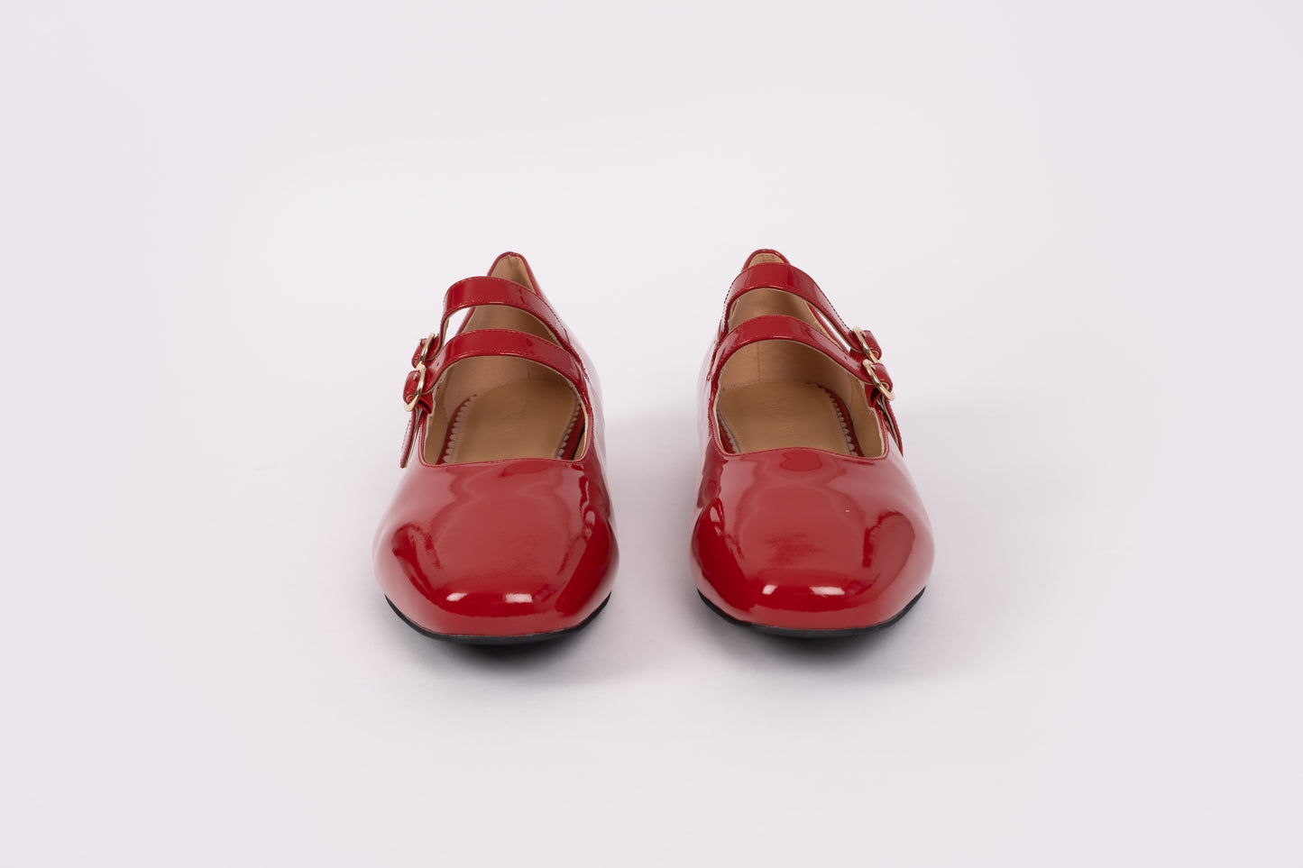 Front shot of Jemima Flat in red, 2 strap red leather shoe available in womens larger sizes UK 8-12