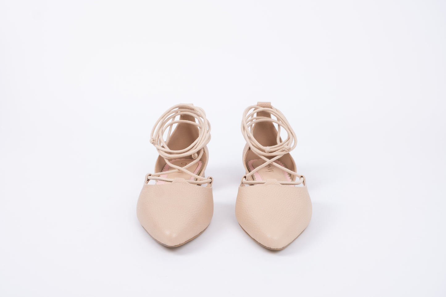 Front view of Winnie Flats in beige, Tie up womens shoe availablein UK sizes 8-12