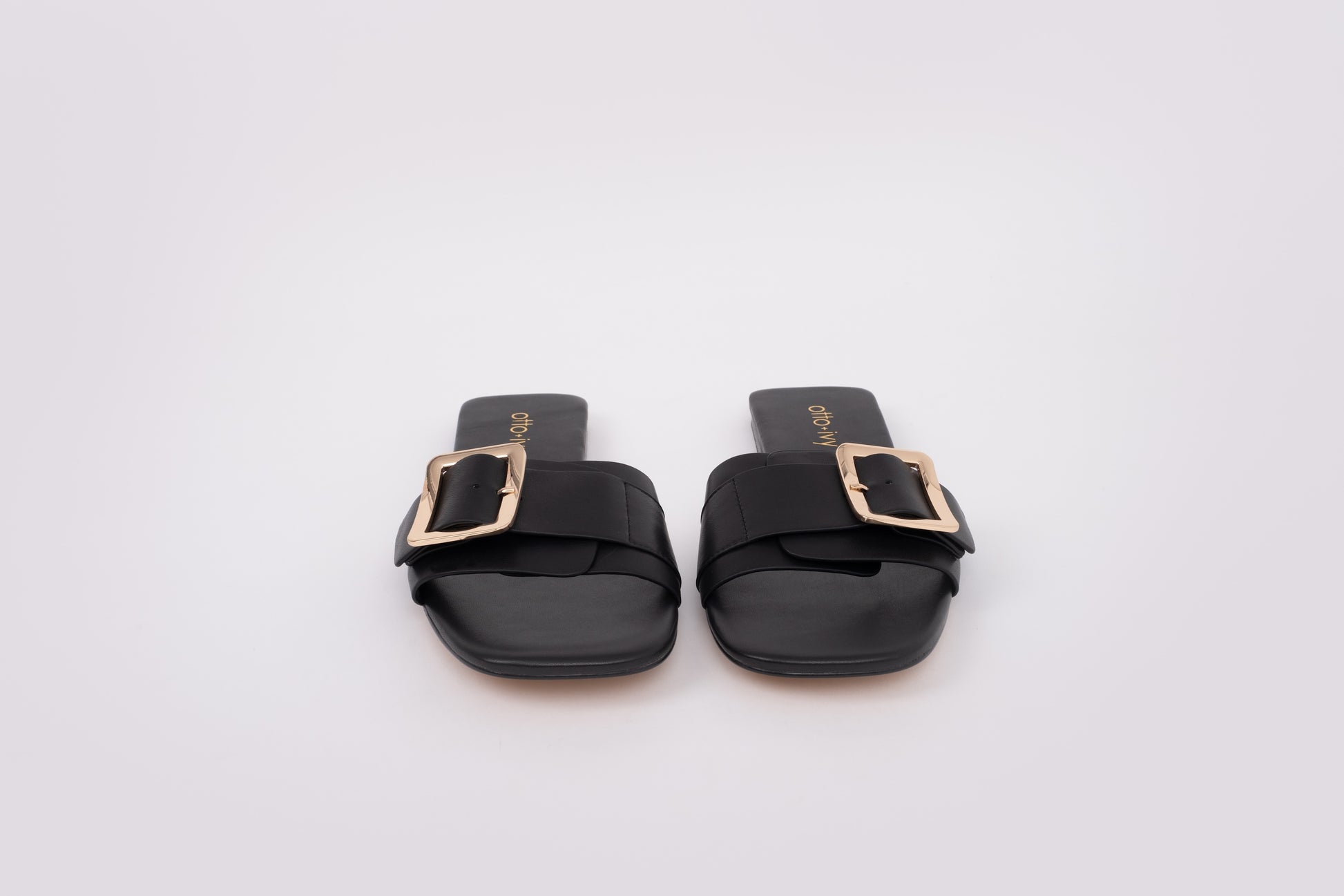 Front shot of womens black slide on sandal, ruby. Available in UK sizes 8-12