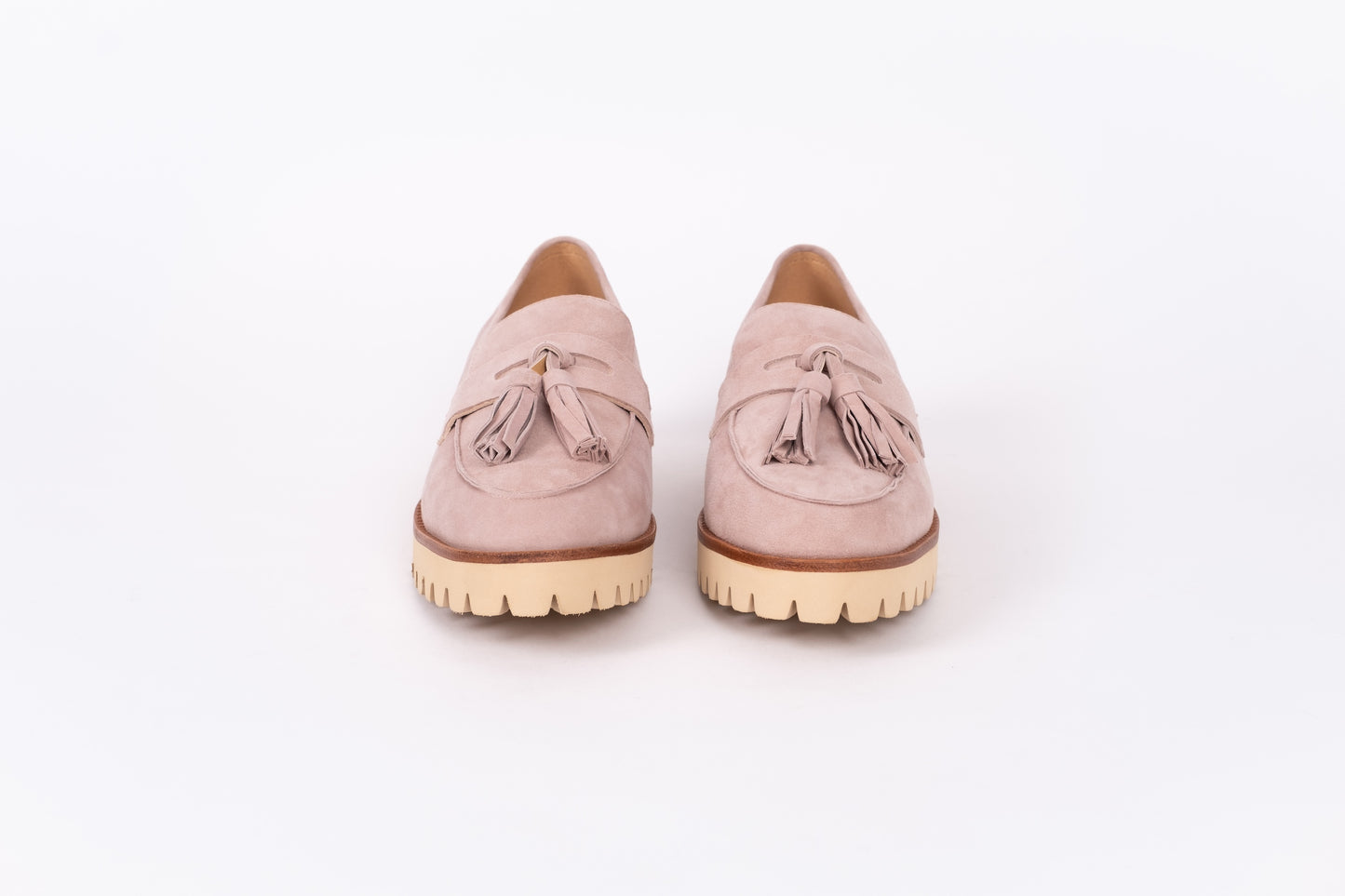 Front view of Dorothy Loafers in Blush pink suede. Womens shoes in larger sizes available in European 42-46