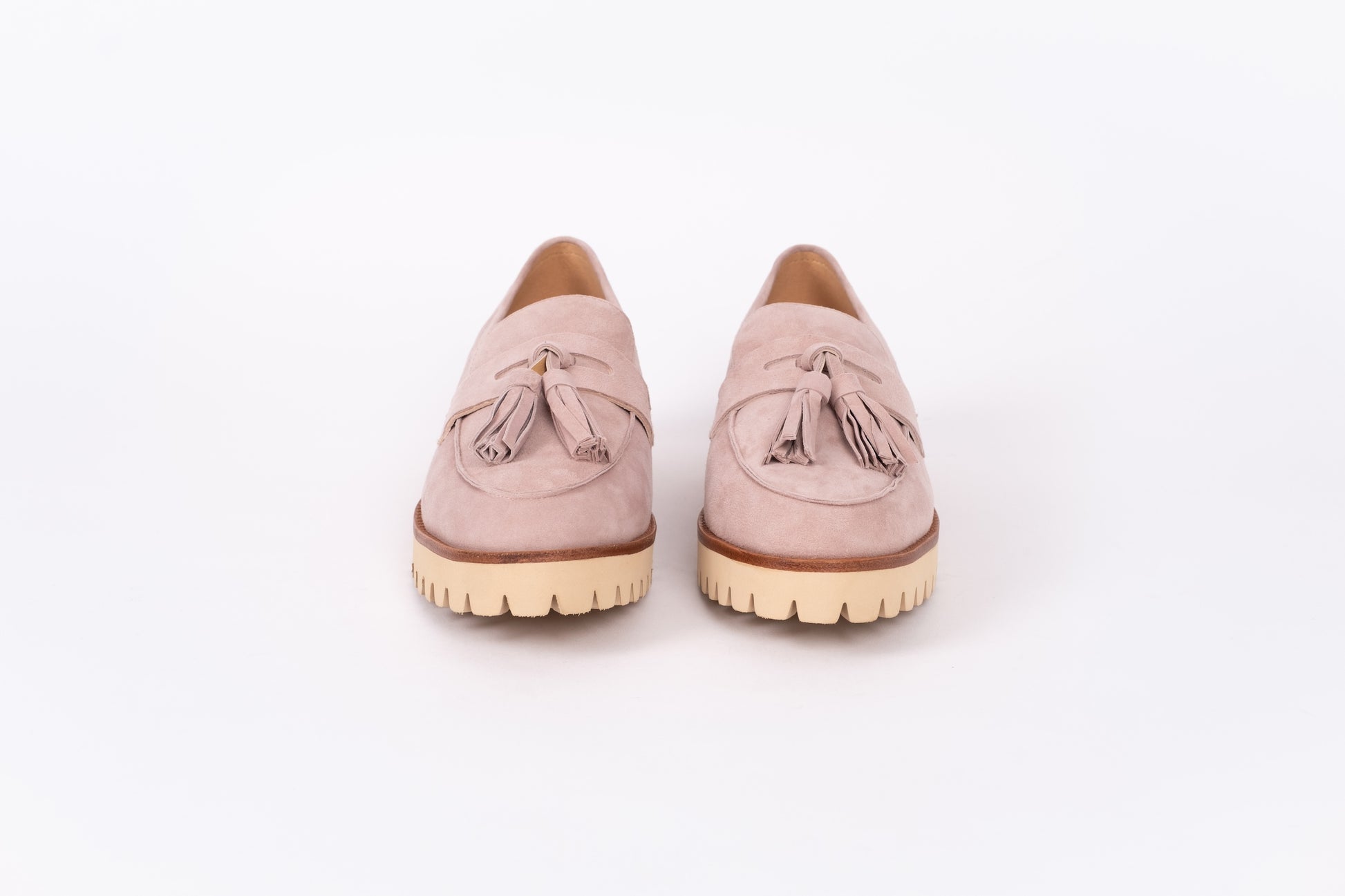 Front view of Dorothy Loafers in Blush pink suede. Womens shoes in larger sizes available in European 42-46