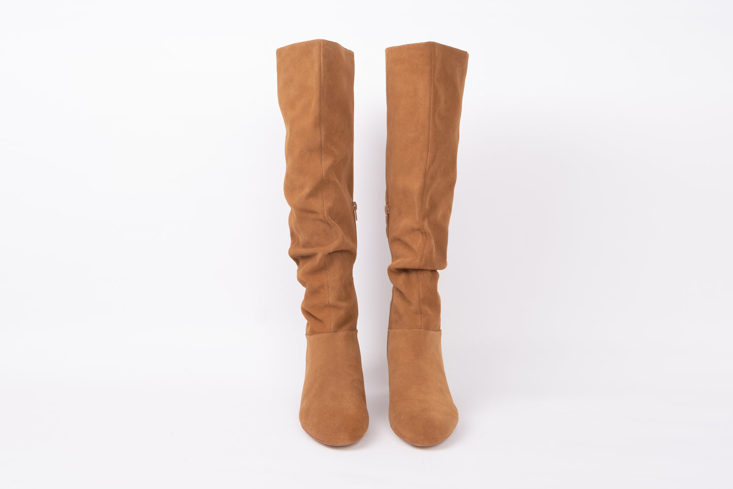 Front view of womens boot Evelyn. Camel suede boot available in larger sizes. UK 8-12