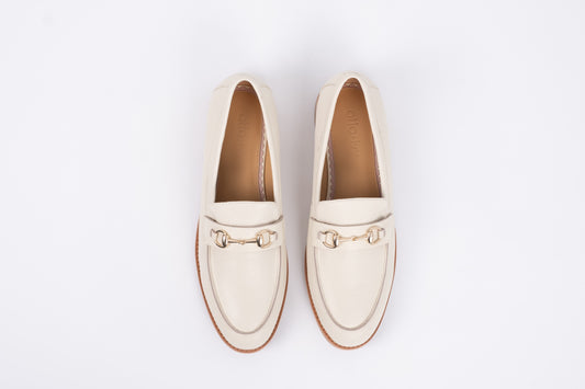 Aerial view of Betsy Loafers in cream. A womens flat shoe available in larger European sizes 42 -46