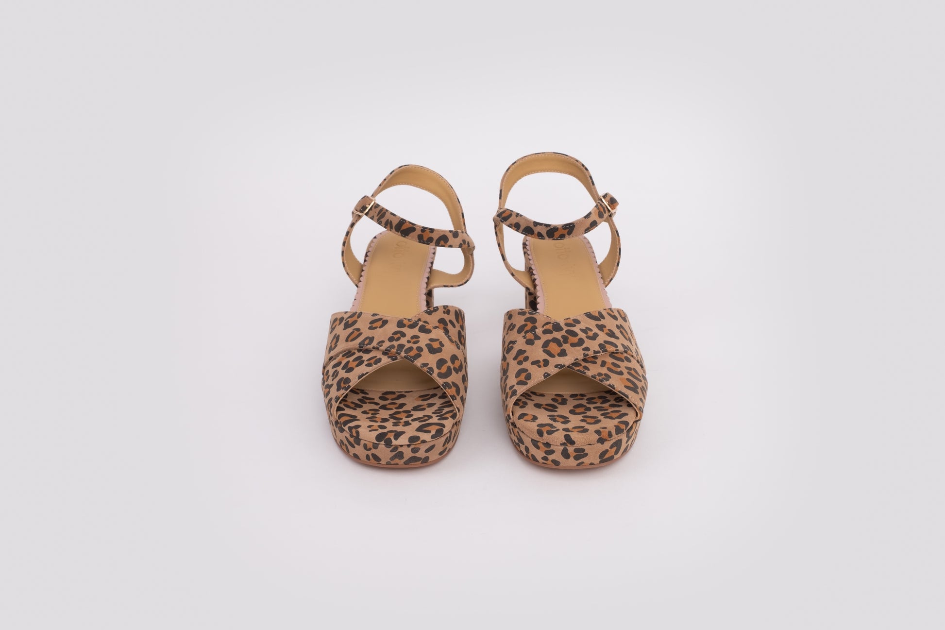 Front profile of Frankie Sandal in Leopard print, a womens block heel available in UK sizes 8-12