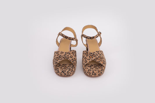 Front profile of Frankie Sandal in Leopard print, a womens block heel available in UK sizes 8-12