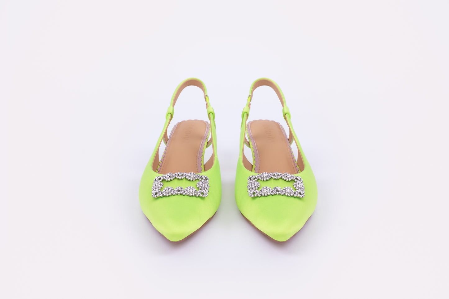Front view of Aceia sling backs in lime. A womens heel available in large European sizes 42-46