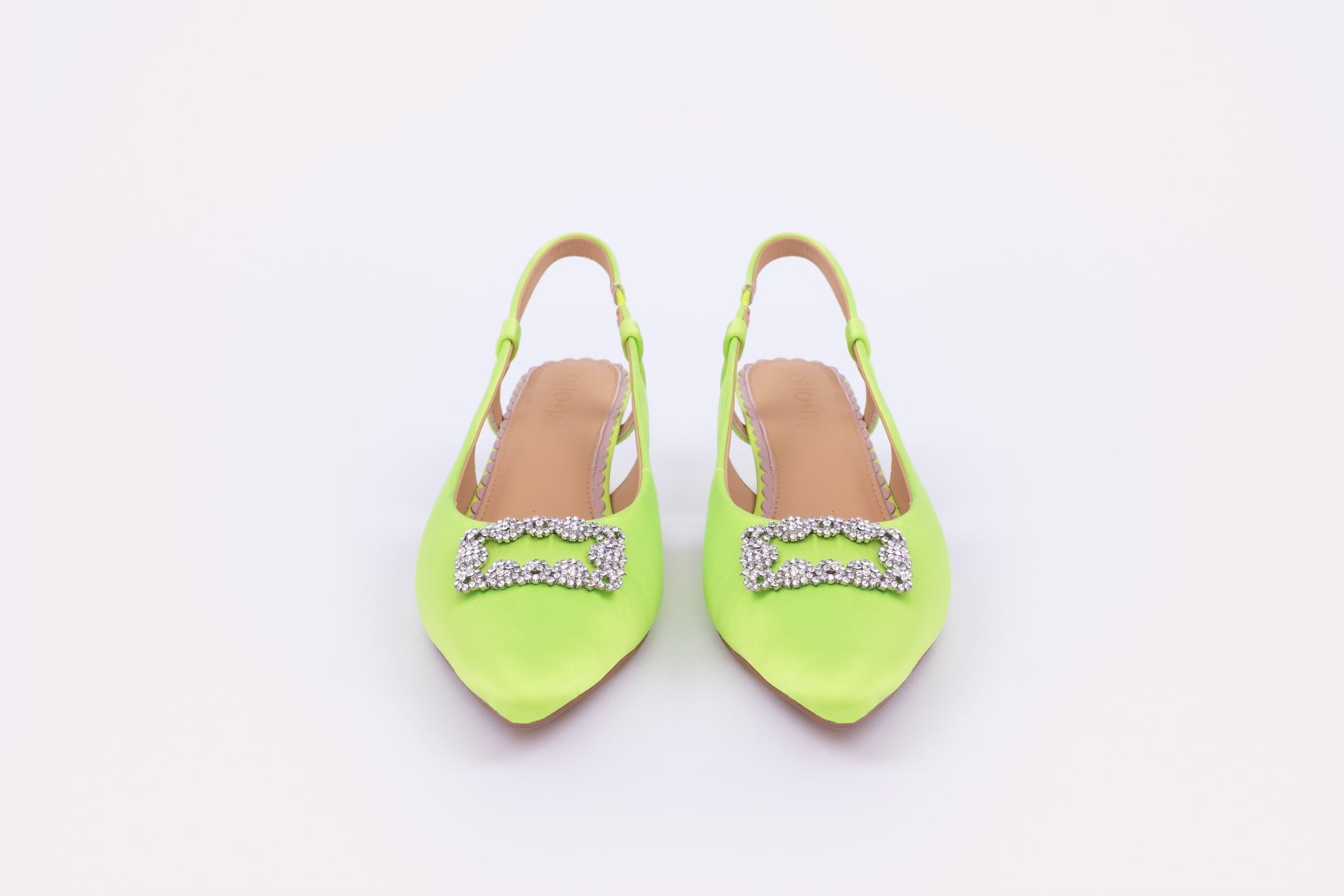 Front view of Aceia sling backs in lime. A womens heel available in large European sizes 42-46