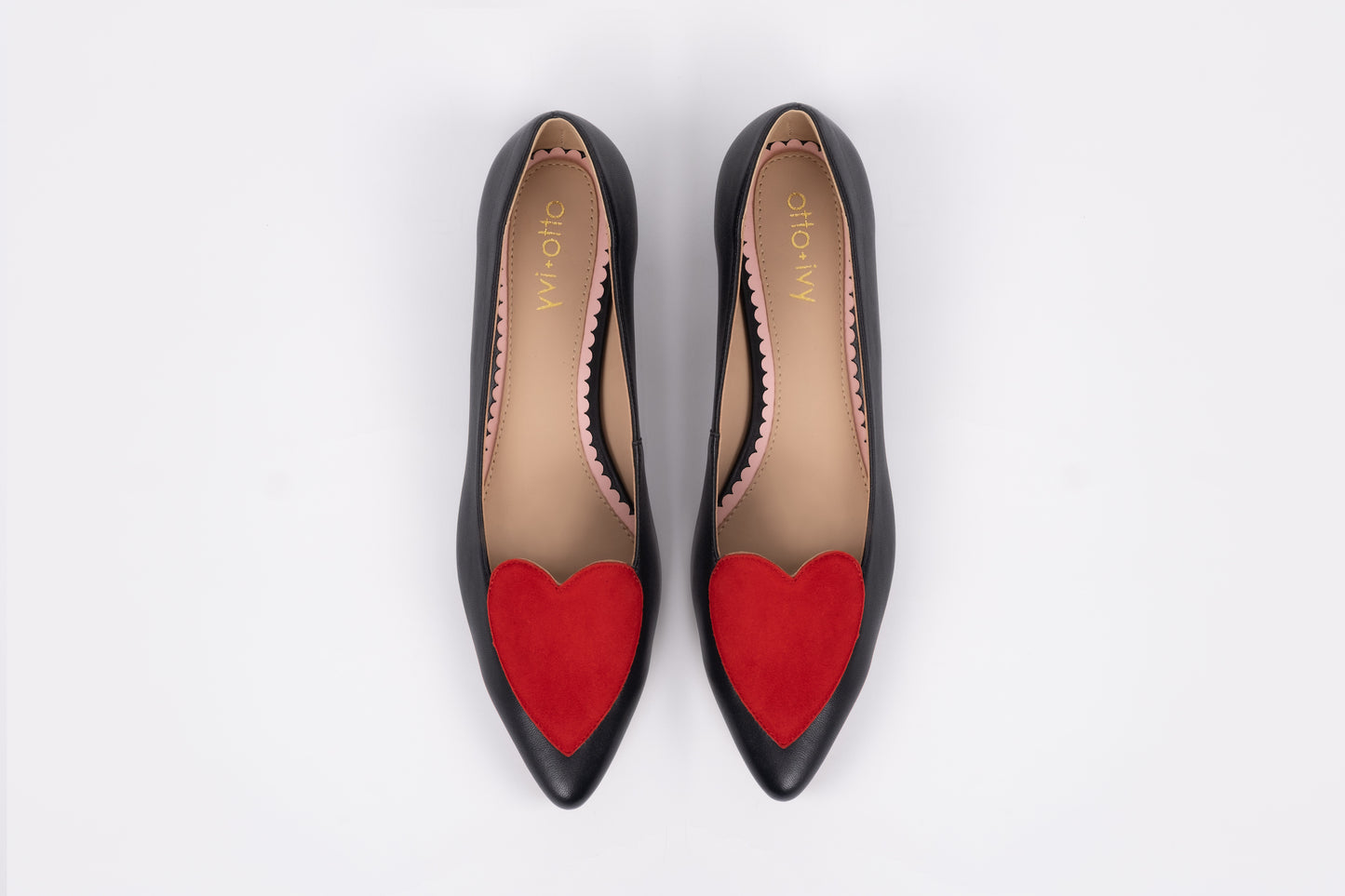 Aerial view of womens shoe Rosie in black and red. Available in larger sizes UK 8-12