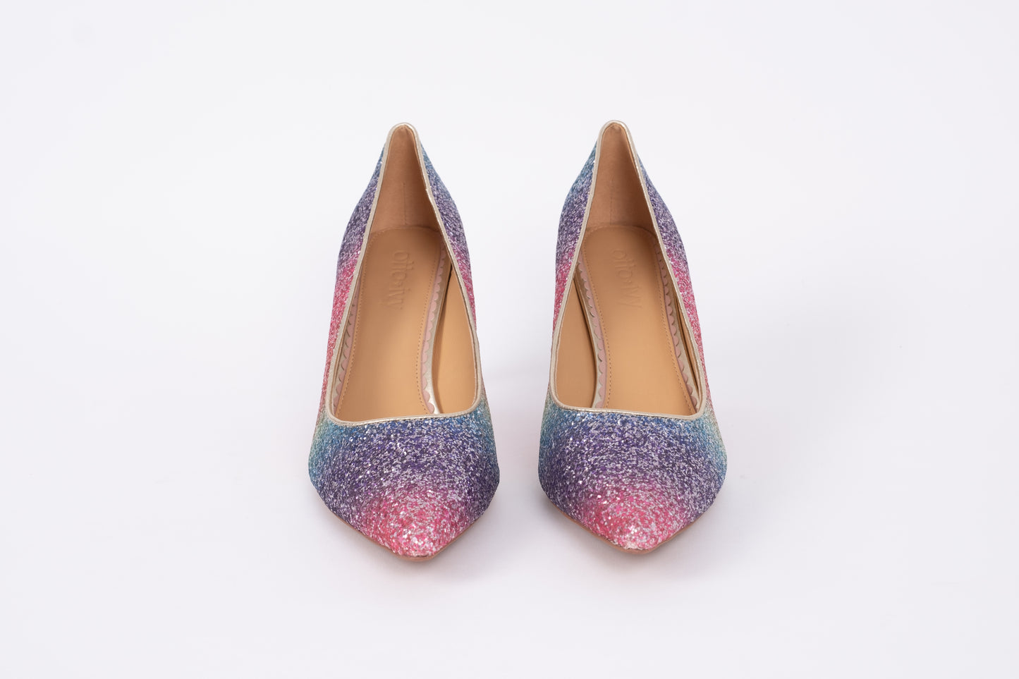 Front view of womens sparkly rainbow heel Emmie. Available in European sizes 46-46
