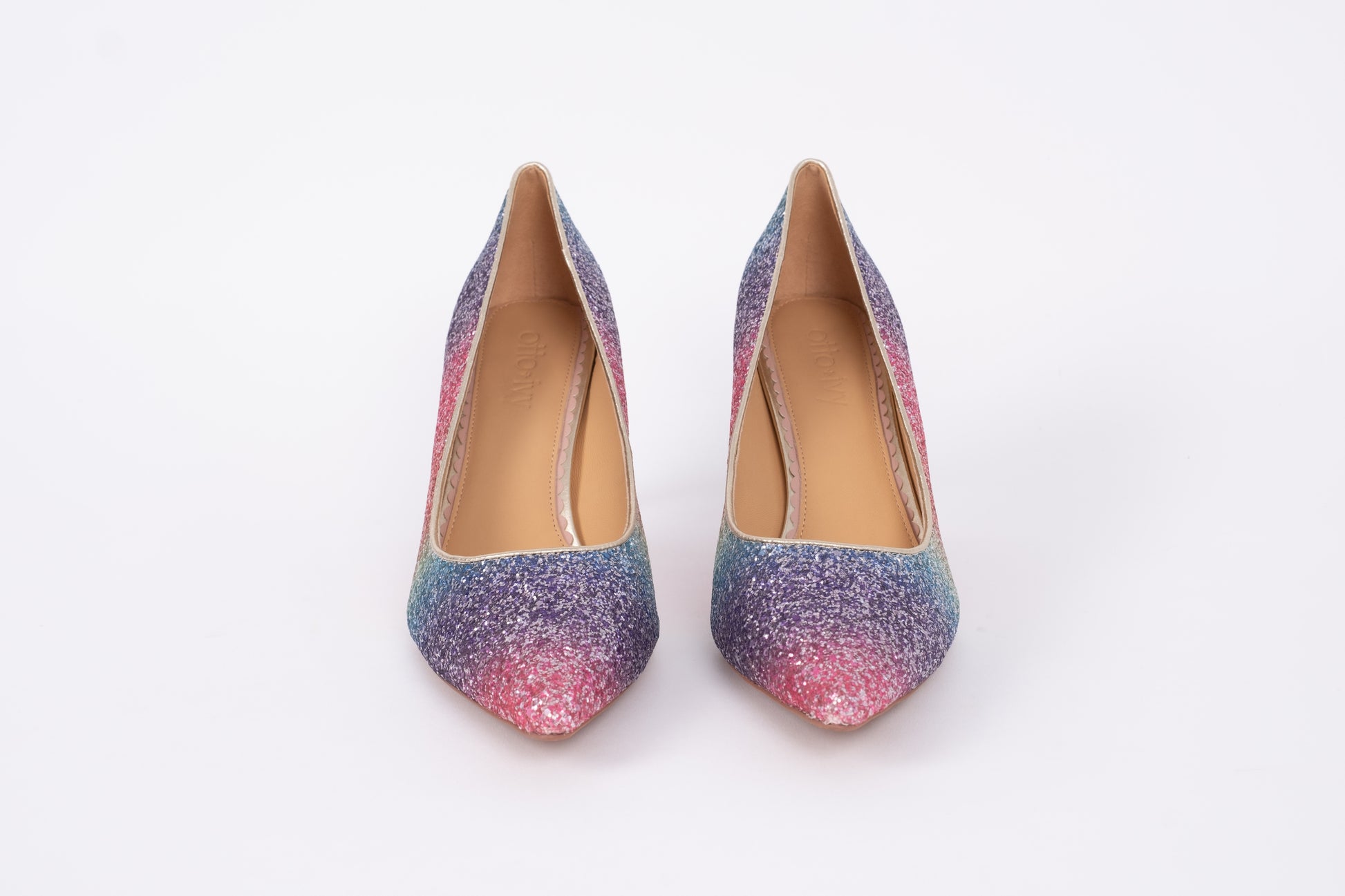Front view of womens sparkly rainbow heel Emmie. Available in European sizes 46-46