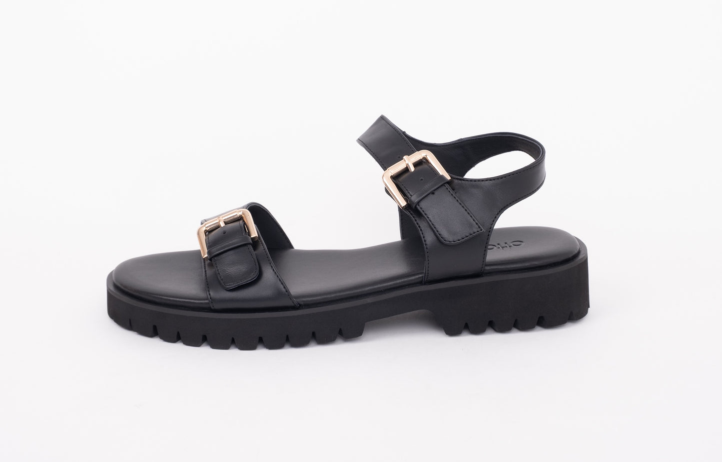 Side shot of womens large size black leather chinky sandal in sizes 42 43 44 45 46